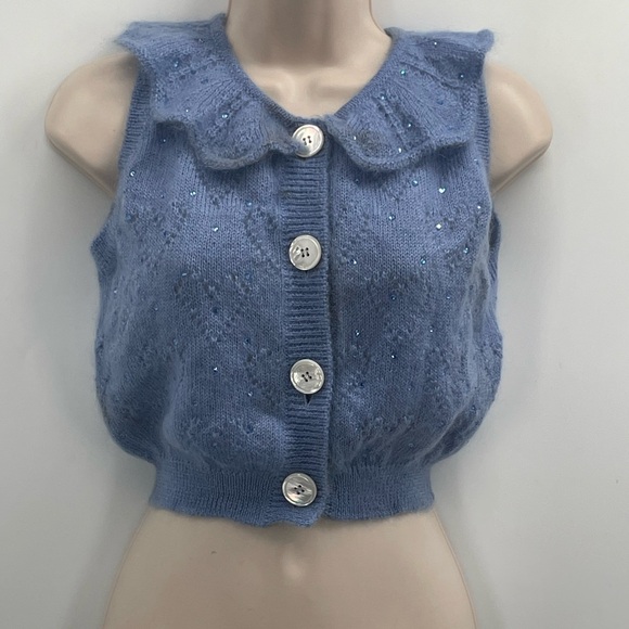 Alessandra Rich Crystal Embellished Ruffled-Neck Crop Knitted Sleeveless Sweater - Picture 8 of 16